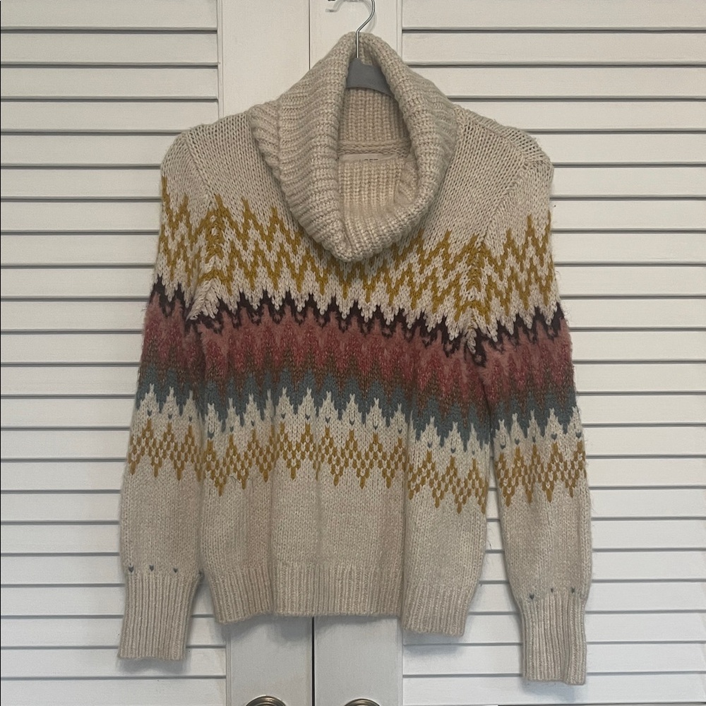 LOFT Cream Multicolor Chevron cowlneck Turtleneck Sweater